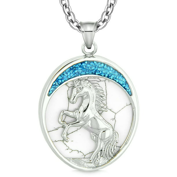 Courage Horse Wild Moon Mustang Protection Amulet Simulated White Turquoise Pendant 18 Inch Necklace 